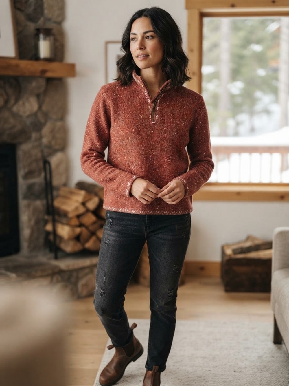 Woolrich Rust Flecked Half-Zip Cowl Sweater